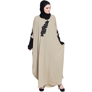 Designer Kaftan abaya with patch work- Khaki and black